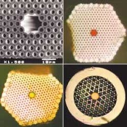 A scanning electron micrograph of guiding hollow-core PCF with core diameter 15 ?m (top left); guided colors are seen in the core when white light was launched into two fibers of slightly different sizes (top right and bottom left); practical recent hollow-core PCF has solid outer cladding (bottom right). A scanning electron micrograph of guiding hollow-core PCF with core diameter 15 ?m (top left); guided colors are seen in the core when white light was launched into two fibers of slightly different sizes (top right and bottom left); practical recent hollow-core PCF has solid outer cladding (bottom right).
