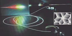 FIGURE 2. Supercontinuum generation was obtained from small-core PCF with ultrahigh nonlinearity. The rainbow on the screen is the spectrum dispersed at a diffraction grating. Higher grating orders can be seen in the top right. Inset is an example of a cobweb PCF with an 800-nm core diameter and a zero-dispersion wavelength of 560 nm. FIGURE 2. Supercontinuum generation was obtained from small-core PCF with ultrahigh nonlinearity. The rainbow on the screen is the spectrum dispersed at a diffraction grating. Higher grating orders can be seen in the top right. Inset is an example of a cobweb PCF with an 800-nm core diameter and a zero-dispersion wavelength of 560 nm.