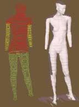 A triangulating laser scanner captures the three-dimensional shape of a person&apos;s body for use in custom manufacture of clothing (left; example shows a mannequin). The scan lines are merged to form a three-dimensional image (right).