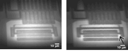 FIGURE 1. The two-photon optical-beam induced current (TOBIC) technique allows confocal imaging based on the conductivity and connectivity of electronic features. Shown are two-dimensional images taken at depths 5 μm apart, with the arrow in the right-hand image indicating a feature estimated at less than 1 μm (line to left of arrow). FIGURE 1. The two-photon optical-beam induced current (TOBIC) technique allows confocal imaging based on the conductivity and connectivity of electronic features. Shown are two-dimensional images taken at depths 5 μm apart, with the arrow in the right-hand image indicating a feature estimated at less than 1 μm (line to left of arrow).