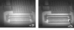 FIGURE 1. The two-photon optical-beam induced current (TOBIC) technique allows confocal imaging based on the conductivity and connectivity of electronic features. Shown are two-dimensional images taken at depths 5 &mu;m apart, with the arrow in the right-hand image indicating a feature estimated at less than 1 &mu;m (line to left of arrow).