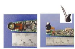 The optical unit for a pen-based personal-computer input device includes a black barrel that houses a vertical-cavity surface-emitting laser centrally located between two double detectors; also included are speckle-processing electronics (left). The barrel holds a 4-mm steel ball that reflects laser light to the detectors that detect ball rotation (right). The assembled pen is linked via radio to its holder (inset). The optical unit for a pen-based personal-computer input device includes a black barrel that houses a vertical-cavity surface-emitting laser centrally located between two double detectors; also included are speckle-processing electronics (left). The barrel holds a 4-mm steel ball that reflects laser light to the detectors that detect ball rotation (right). The assembled pen is linked via radio to its holder (inset).
