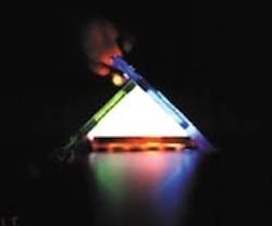 White-emitting pyramid-shaped pixel combines light from red, green, and blue polymer light-emitting diodes. White-emitting pyramid-shaped pixel combines light from red, green, and blue polymer light-emitting diodes.