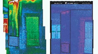 Researchers at the Florida Solar Energy Center (Cocoa, FL) use infrared imaging systems to improve the energy efficiency of air-conditioned homes. The pictures show the return air vent of a central AC unit. On the left, there is a leak in the return air duct that allows the system to suck hot air from the attic into the vent. This problem has been corrected in the image on the right. In both images the temperature range shown is from 66&deg;F (dark colors) to 84&deg;F (white).