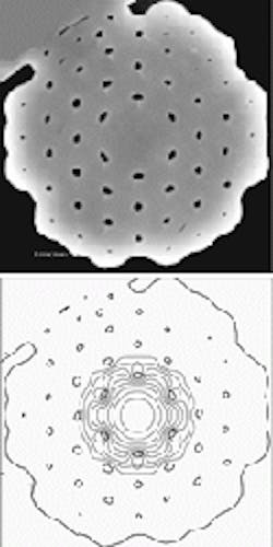 Scanning electron micrograph shows a ~20-µm holey fiber attached to the inner wall of a protective glass jacket (top). The absence of a hole in the center forms the core. Researchers then superimposed a predicted mode at 1.55 µm over the micrograph with contours spaced 1 dB apart to illustrate the efficiency with which it is possible to model fibers before manufacturing them (bottom). Scanning electron micrograph shows a ~20-µm holey fiber attached to the inner wall of a protective glass jacket (top). The absence of a hole in the center forms the core. Researchers then superimposed a predicted mode at 1.55 µm over the micrograph with contours spaced 1 dB apart to illustrate the efficiency with which it is possible to model fibers before manufacturing them (bottom).