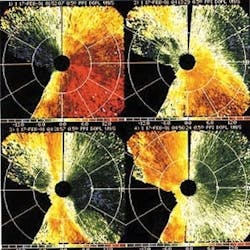 At 0152:07 UTC (coordinated universal time) lidar-measured winds from a 1991 measurement in Rocky Flats, CO, show evolution of cold-air flow through surrounding canyons. The lidar is located in the center of each plot; range rings are 5 km apart. Purple-green colors indicate flow toward the lidar, while yellow-red colors indicate flow away from the lidar. Upper left: Strong, gusty winds, up to 16 m/s, flowed over the foothills, and were channeled by Eldorado Canyon. Upper right: About 2.5 hours later, the winds flowing over the foothills weakened by several meters/second, and the wind-shift line between the northeasterlies behind the mesofront and the downslope winds was distinct. Lower left: The downslope flow continued to weaken as the mesofront passed the lidar. Lower right: About 15 minutes later, the wind flow at the surface and in nearby canyons had completely changed direction from earlier in the evening. At 0152:07 UTC (coordinated universal time) lidar-measured winds from a 1991 measurement in Rocky Flats, CO, show evolution of cold-air flow through surrounding canyons. The lidar is located in the center of each plot; range rings are 5 km apart. Purple-green colors indicate flow toward the lidar, while yellow-red colors indicate flow away from the lidar. Upper left: Strong, gusty winds, up to 16 m/s, flowed over the foothills, and were channeled by Eldorado Canyon. Upper right: About 2.5 hours later, the winds flowing over the foothills weakened by several meters/second, and the wind-shift line between the northeasterlies behind the mesofront and the downslope winds was distinct. Lower left: The downslope flow continued to weaken as the mesofront passed the lidar. Lower right: About 15 minutes later, the wind flow at the surface and in nearby canyons had completely changed direction from earlier in the evening.