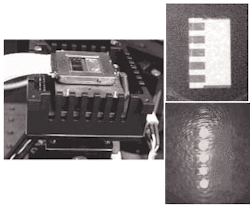 In combination with a fused-silica microlens array, a 1 × 64 array of vertical-cavity surface-emitting lasers forms part of a biochip system (above). Each laser is paired with a gold-coated microcantilever that deflects when specific biochemical substances are introduced into a cell. The reflected laser light is monitored to determine the substance's concentration. Many different substances can be tested at the same time. An array of five lasers is shown in off (right, top) and on (right, bottom) states. In combination with a fused-silica microlens array, a 1 × 64 array of vertical-cavity surface-emitting lasers forms part of a biochip system (above). Each laser is paired with a gold-coated microcantilever that deflects when specific biochemical substances are introduced into a cell. The reflected laser light is monitored to determine the substance's concentration. Many different substances can be tested at the same time. An array of five lasers is shown in off (right, top) and on (right, bottom) states.