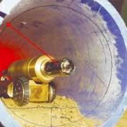 A laser profiler that measures the inside of pipes contains a rotating laser-triangulating probe (its normally invisible laser beam is sketched in red here). The tool's first commercial use is in inspecting steel pipes for the offshore oil and gas industry. A laser profiler that measures the inside of pipes contains a rotating laser-triangulating probe (its normally invisible laser beam is sketched in red here). The tool's first commercial use is in inspecting steel pipes for the offshore oil and gas industry.