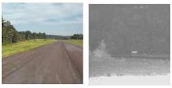 Laser illumination can be used to illuminate any location 24 hours a day. This nighttime infrared image, taken at a private runway, was acquired at long range with a laser illuminator (right; visible daytime image from different perspective is shown at left). The target is 1.5 m wide by 0.5 m high. There was no moon and the sky was slightly overcast. The target was imaged at a range of 600 m by a charge-coupled-device camera with a 12.5- to 75-mm zoom lens set at 75-mm focal length.