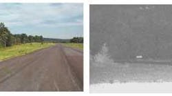 Laser illumination can be used to illuminate any location 24 hours a day. This nighttime infrared image, taken at a private runway, was acquired at long range with a laser illuminator (right; visible daytime image from different perspective is shown at left). The target is 1.5 m wide by 0.5 m high. There was no moon and the sky was slightly overcast. The target was imaged at a range of 600 m by a charge-coupled-device camera with a 12.5- to 75-mm zoom lens set at 75-mm focal length.