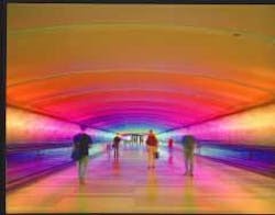 FIGURE 1. The Northwest Airlines McNamara terminal at Detroit Metro Airport uses nothing but LED-based systems to create a one-of-a-kind tunnel of color for travelers. FIGURE 1. The Northwest Airlines McNamara terminal at Detroit Metro Airport uses nothing but LED-based systems to create a one-of-a-kind tunnel of color for travelers.