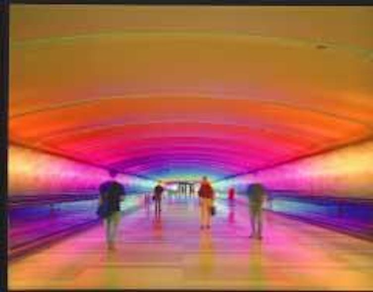 FIGURE 1. The Northwest Airlines McNamara terminal at Detroit Metro Airport uses nothing but LED-based systems to create a one-of-a-kind tunnel of color for travelers.
