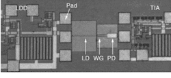 To demonstrate their new low-temperature bonding method, researchers fabricated an optical link consisting of a laser-diode driver (LDD), laser diode (LD), planar waveguide (WG), photodiode (PD), and transimpedance amplifier (TIA). Characteristics of the devices produced on the bonded wafers were similar to those on unbonded substrates, though the yield was lower. Solutions to this problem are currently being investigated. To demonstrate their new low-temperature bonding method, researchers fabricated an optical link consisting of a laser-diode driver (LDD), laser diode (LD), planar waveguide (WG), photodiode (PD), and transimpedance amplifier (TIA). Characteristics of the devices produced on the bonded wafers were similar to those on unbonded substrates, though the yield was lower. Solutions to this problem are currently being investigated.