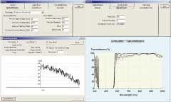 Figure 5. The 'Simulator' feature in Essential Macleod includes, clockwise from top left, the optical-monitor signal error introduced for the simulated runs (standard deviation 1%); the optical-monitor overshoot error used to produce the simulated 10 runs; the optical-monitor performance during deposition of layer 1 of the edge-filter design; and the spectral trace of the simulated edge filter manufactured for 10 separate coating runs. Figure 5. The 'Simulator' feature in Essential Macleod includes, clockwise from top left, the optical-monitor signal error introduced for the simulated runs (standard deviation 1%); the optical-monitor overshoot error used to produce the simulated 10 runs; the optical-monitor performance during deposition of layer 1 of the edge-filter design; and the spectral trace of the simulated edge filter manufactured for 10 separate coating runs.