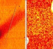 FIGURE 2. A scratch on a sapphire wafer is imaged by the optical profiler channel of an OSA both with (left) and without (right) the instrument's spatial filter. FIGURE 2. A scratch on a sapphire wafer is imaged by the optical profiler channel of an OSA both with (left) and without (right) the instrument's spatial filter.