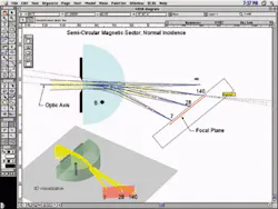Screen print obtained using VectorWorks CAD software shows semicircular pattern for spectrometer design with reduced size and magnetic field intensity. Screen print obtained using VectorWorks CAD software shows semicircular pattern for spectrometer design with reduced size and magnetic field intensity.