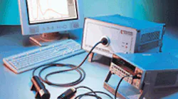 FIGURE 1. Typical LED testing setup includes a spectroradiometer connected via a fiber bundle to an optical probe for measuring luminous intensity.