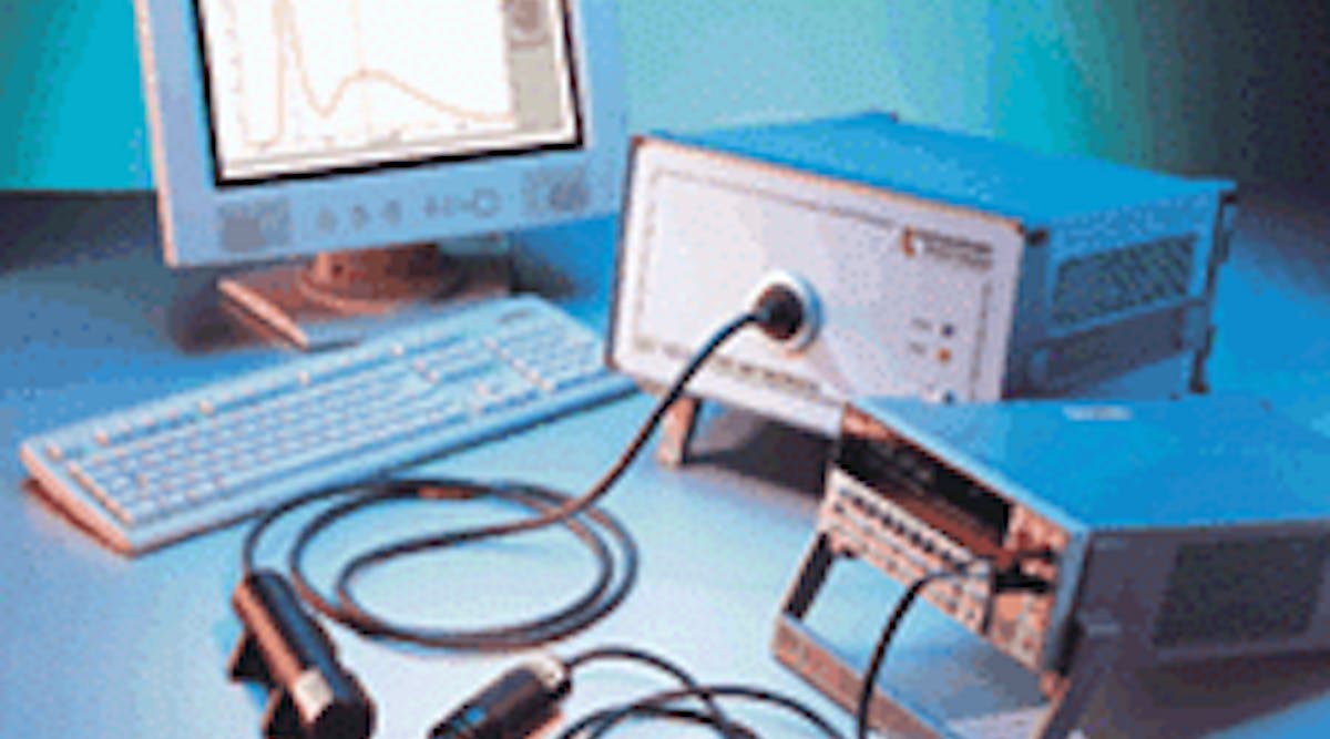 FIGURE 1. Typical LED testing setup includes a spectroradiometer connected via a fiber bundle to an optical probe for measuring luminous intensity.