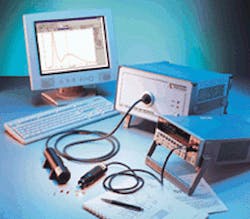FIGURE 1. Typical LED testing setup includes a spectroradiometer connected via a fiber bundle to an optical probe for measuring luminous intensity. FIGURE 1. Typical LED testing setup includes a spectroradiometer connected via a fiber bundle to an optical probe for measuring luminous intensity.