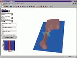 FIGURE 1. Three-dimensional version of Prolith simulates a deep-ultraviolet lithographic exposure process used to produce a 100-nm-wide gate structure. Included in the process are two exposures, one using a phase-shifting mask (PSM) and one using a trim mask that eliminates spurious features created by the PSM. A cross-sectional plane (near center of simulated gate structure) can be moved around by the user to get two-dimensional data (lower left). FIGURE 1. Three-dimensional version of Prolith simulates a deep-ultraviolet lithographic exposure process used to produce a 100-nm-wide gate structure. Included in the process are two exposures, one using a phase-shifting mask (PSM) and one using a trim mask that eliminates spurious features created by the PSM. A cross-sectional plane (near center of simulated gate structure) can be moved around by the user to get two-dimensional data (lower left).