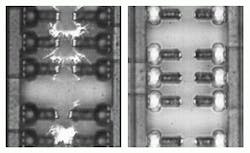 FIGURE 2. Aluminum links on a 64-Mbit DRAM chip are 0.8 µm wide and have a 5.2-µm pitch. Focused light at 1.047 µm severs the links poorly, leaving debris around the cuts (left). Light at 1.321 µm from a Nd:YLF laser severs links cleanly (right). FIGURE 2. Aluminum links on a 64-Mbit DRAM chip are 0.8 µm wide and have a 5.2-µm pitch. Focused light at 1.047 µm severs the links poorly, leaving debris around the cuts (left). Light at 1.321 µm from a Nd:YLF laser severs links cleanly (right).