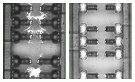 FIGURE 2. Aluminum links on a 64-Mbit DRAM chip are 0.8 &micro;m wide and have a 5.2-&micro;m pitch. Focused light at 1.047 &micro;m severs the links poorly, leaving debris around the cuts (left). Light at 1.321 &micro;m from a Nd:YLF laser severs links cleanly (right).