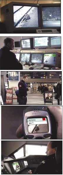 FIGURE 2. A simulated emergency of a person falling on railroad tracks illustrates image-processing and other capabilities of a 'smart' digital camera. From top to bottom, a smart camera monitoring the tracks sees the movement of a person falling, tracks it, zooms in on the person, and immediately sends an image and an alarm signal to the central station, to local security, and to the incoming train. FIGURE 2. A simulated emergency of a person falling on railroad tracks illustrates image-processing and other capabilities of a 'smart' digital camera. From top to bottom, a smart camera monitoring the tracks sees the movement of a person falling, tracks it, zooms in on the person, and immediately sends an image and an alarm signal to the central station, to local security, and to the incoming train.