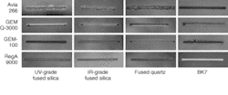 FIGURE 3. Magnified images of 2.5-mm-long, 125-µm-wide, by 50-µm-deep grooves machined in various materials with different lasers show how the quality of machined features varies with laser type. FIGURE 3. Magnified images of 2.5-mm-long, 125-µm-wide, by 50-µm-deep grooves machined in various materials with different lasers show how the quality of machined features varies with laser type.