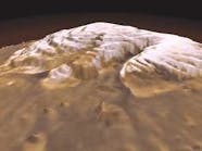 FIGURE 1. This view of the northern ice cap of Mars is constructed using elevation data from an on-board laser altimeter together with photographs taken by the Mars Global Surveyor, now in orbit. The ice cap is about 1200 km wide with an average depth of 1 km.