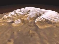 FIGURE 1. This view of the northern ice cap of Mars is constructed using elevation data from an on-board laser altimeter together with photographs taken by the Mars Global Surveyor, now in orbit. The ice cap is about 1200 km wide with an average depth of 1 km. FIGURE 1. This view of the northern ice cap of Mars is constructed using elevation data from an on-board laser altimeter together with photographs taken by the Mars Global Surveyor, now in orbit. The ice cap is about 1200 km wide with an average depth of 1 km.
