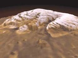 FIGURE 1. This view of the northern ice cap of Mars is constructed using elevation data from an on-board laser altimeter together with photographs taken by the Mars Global Surveyor, now in orbit. The ice cap is about 1200 km wide with an average depth of 1 km. FIGURE 1. This view of the northern ice cap of Mars is constructed using elevation data from an on-board laser altimeter together with photographs taken by the Mars Global Surveyor, now in orbit. The ice cap is about 1200 km wide with an average depth of 1 km.