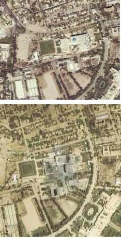 FIGURE 2. A satellite image shows the Republican Guard Palace in Baghdad before (top) and after (bottom) a bombing strike in last year&apos;s war in Iraq. Similar photos at 1-m resolution are commercially available on the Web.