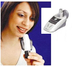 A patient is about to deposit a sputum/aerosol sample into a disposable collection device. The sample collector is then inserted into an optical reader to check for pathogens such as tuberculosis bacteria (inset). A patient is about to deposit a sputum/aerosol sample into a disposable collection device. The sample collector is then inserted into an optical reader to check for pathogens such as tuberculosis bacteria (inset).