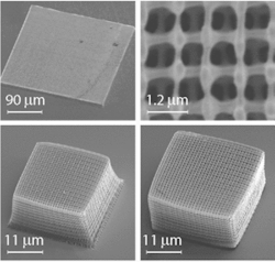 FIGURE 2. Photonic-crystal structures were fabricated by direct-writing each 200-nm-diameter rod in a woodpile pattern. The entire structure took five minutes to write using two-photon polymerization of hybrid inorganic-organic polymer ORMOCER 1. FIGURE 2. Photonic-crystal structures were fabricated by direct-writing each 200-nm-diameter rod in a woodpile pattern. The entire structure took five minutes to write using two-photon polymerization of hybrid inorganic-organic polymer ORMOCER 1.