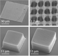 FIGURE 2. Photonic-crystal structures were fabricated by direct-writing each 200-nm-diameter rod in a woodpile pattern. The entire structure took five minutes to write using two-photon polymerization of hybrid inorganic-organic polymer ORMOCER 1. FIGURE 2. Photonic-crystal structures were fabricated by direct-writing each 200-nm-diameter rod in a woodpile pattern. The entire structure took five minutes to write using two-photon polymerization of hybrid inorganic-organic polymer ORMOCER 1.