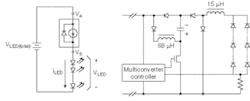 FIGURE 2. Drivers for high-brightness LEDs can operate in either voltage or current mode. In voltage mode (left), the regulator (between Va and Vb) maintains current across the string of LEDs at the expense of efficiency. In current mode (right), the current is measured and directly controlled. FIGURE 2. Drivers for high-brightness LEDs can operate in either voltage or current mode. In voltage mode (left), the regulator (between Va and Vb) maintains current across the string of LEDs at the expense of efficiency. In current mode (right), the current is measured and directly controlled.