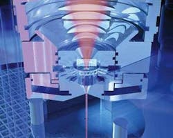 FIGURE 1. In one example of a water-jet-guided laser cutting system, the end of a high-power delivery fiber coupled to the laser is imaged into the nozzle through a window and a layer of pressurized water. FIGURE 1. In one example of a water-jet-guided laser cutting system, the end of a high-power delivery fiber coupled to the laser is imaged into the nozzle through a window and a layer of pressurized water.