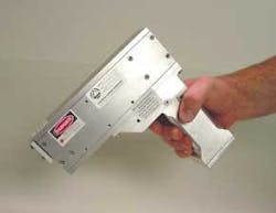 FIGURE 1. A miniature 3-lb CO2 laser with 400-mW output power is activated with the click of a trigger switch. A built-in rechargeable battery pack allows it to operate continuously at full output power for more than one hour per charge. An additional pound can be shaved from this laser by making certain engineering tradeoffs. FIGURE 1. A miniature 3-lb CO2 laser with 400-mW output power is activated with the click of a trigger switch. A built-in rechargeable battery pack allows it to operate continuously at full output power for more than one hour per charge. An additional pound can be shaved from this laser by making certain engineering tradeoffs.