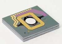 FIGURE 3. Microvision silicon MEMS scanners used in the laser camera can deliver high-resolution (currently SXGA), diffraction-limited scanning performance at a 60-Hz frame rate. Recent developments promise to push performance even higher. This single-crystal silicon scanner uses a gimbal structure mounted on torsion arms to bidirectionally scan a 1.5 × 1.65-mm mirror. FIGURE 3. Microvision silicon MEMS scanners used in the laser camera can deliver high-resolution (currently SXGA), diffraction-limited scanning performance at a 60-Hz frame rate. Recent developments promise to push performance even higher. This single-crystal silicon scanner uses a gimbal structure mounted on torsion arms to bidirectionally scan a 1.5 × 1.65-mm mirror.