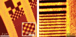 FIGURE 2. Structures (dark areas) on SiC crystal surfaces are seen by phonon-resonant nanoscale IR microscopy; these include checkerboards (left) and stripes (right), both created by local crystal-surface amorphization. The stripes are 200 and 100 nm wide. FIGURE 2. Structures (dark areas) on SiC crystal surfaces are seen by phonon-resonant nanoscale IR microscopy; these include checkerboards (left) and stripes (right), both created by local crystal-surface amorphization. The stripes are 200 and 100 nm wide.