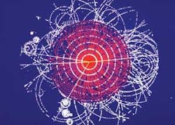 FIGURE 2. A simulation envisions an ATLAS experiment of the decay of a Higgs boson into 4 muons (yellow tracks). FIGURE 2. A simulation envisions an ATLAS experiment of the decay of a Higgs boson into 4 muons (yellow tracks).