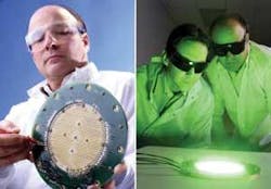 FIGURE 8. An array of hundreds of high-brightness white-light LEDs is actually an assemblage of smaller arrays, each containing 39 cavities with multiple LEDs (left). The arrays emit blue, green, red, or white light (right; green emission is shown). FIGURE 8. An array of hundreds of high-brightness white-light LEDs is actually an assemblage of smaller arrays, each containing 39 cavities with multiple LEDs (left). The arrays emit blue, green, red, or white light (right; green emission is shown).