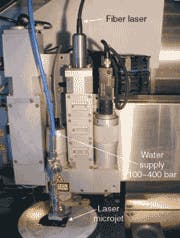 FIGURE 5. The output of a fiber laser is coupled into a light-guiding water jet for use in materials processing. FIGURE 5. The output of a fiber laser is coupled into a light-guiding water jet for use in materials processing.