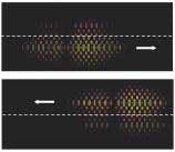 Two parallel CROWs are coupled (white dashed line indicates their common boundary). A pulse enters from the left in the lower crow (top; the lighter the color, the stronger the electric field). After a slight refractive-index modulation, the pulse shifts substantially to the upper CROW (bottom) and reverses direction. The pulse is actually time-reversed rather than mirror-reflected. Two parallel CROWs are coupled (white dashed line indicates their common boundary). A pulse enters from the left in the lower crow (top; the lighter the color, the stronger the electric field). After a slight refractive-index modulation, the pulse shifts substantially to the upper CROW (bottom) and reverses direction. The pulse is actually time-reversed rather than mirror-reflected.