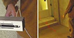 A hand-held device for range sensing and environment discovery for the blind incorporates a HeNe laser and a camera, which can be seen through the central slot of the device (left). The laser beam generates a trace as the user pivots the device in an upward motion around a horizontal axis in front of two steps, for example. The system can then communicate local range information (the presence of the steps as well as the distance) to the user via audible signals (right). A hand-held device for range sensing and environment discovery for the blind incorporates a HeNe laser and a camera, which can be seen through the central slot of the device (left). The laser beam generates a trace as the user pivots the device in an upward motion around a horizontal axis in front of two steps, for example. The system can then communicate local range information (the presence of the steps as well as the distance) to the user via audible signals (right).