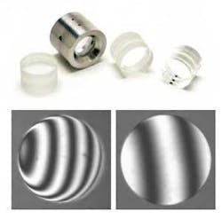 FIGURE 1. Solid and air-spaced UV etalons have a ring-spaced design that allows for cement-free fixturing, which is important for high-energy UV applications (top). As measured interferometrically, flatness of a λ/3 window is contrasted with that of a λ/20 window (bottom). FIGURE 1. Solid and air-spaced UV etalons have a ring-spaced design that allows for cement-free fixturing, which is important for high-energy UV applications (top). As measured interferometrically, flatness of a λ/3 window is contrasted with that of a λ/20 window (bottom).
