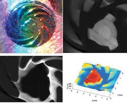 FIGURE 2. Illuminating a microturbine with white light separated into a rainbow (top, left) provides depth-specific slices of the image (top right and bottom left), which can then be combined into a three-dimensional model of the surface shape (bottom right). FIGURE 2. Illuminating a microturbine with white light separated into a rainbow (top, left) provides depth-specific slices of the image (top right and bottom left), which can then be combined into a three-dimensional model of the surface shape (bottom right).