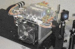 FIGURE 2. Coherent has demonstrated a compact RGB source for projection displays based on the company's optically-pumped semiconductor technology for 460-nm blue and 530-nm green, plus a 638-nm red diode laser, each yielding more than 4 W. FIGURE 2. Coherent has demonstrated a compact RGB source for projection displays based on the company's optically-pumped semiconductor technology for 460-nm blue and 530-nm green, plus a 638-nm red diode laser, each yielding more than 4 W.