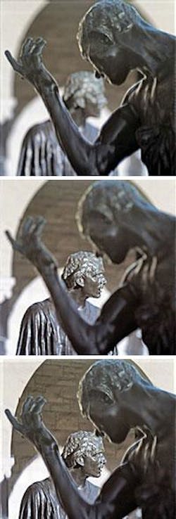 A handheld plenoptic camera captures an image that, when digitally processed, can be refocused from near (top) to far (center), or even a range encompassing both (bottom). These images were upsampled by a linear factor of two to smooth them (the pixels have low noise so they tolerate upsampling well). A handheld plenoptic camera captures an image that, when digitally processed, can be refocused from near (top) to far (center), or even a range encompassing both (bottom). These images were upsampled by a linear factor of two to smooth them (the pixels have low noise so they tolerate upsampling well).