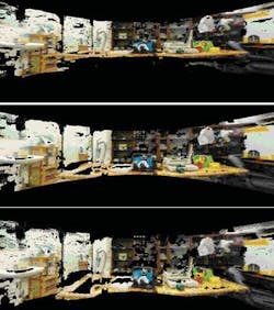 FIGURE 2. A 3-D reconstruction of the radial image scene obtained by a single camera and special catadioptric optics. A 3-D sensation is observed as the viewing direction changes from -16° (top) to 0° (center) to +16° (bottom) in the vertical direction. FIGURE 2. A 3-D reconstruction of the radial image scene obtained by a single camera and special catadioptric optics. A 3-D sensation is observed as the viewing direction changes from -16° (top) to 0° (center) to +16° (bottom) in the vertical direction.